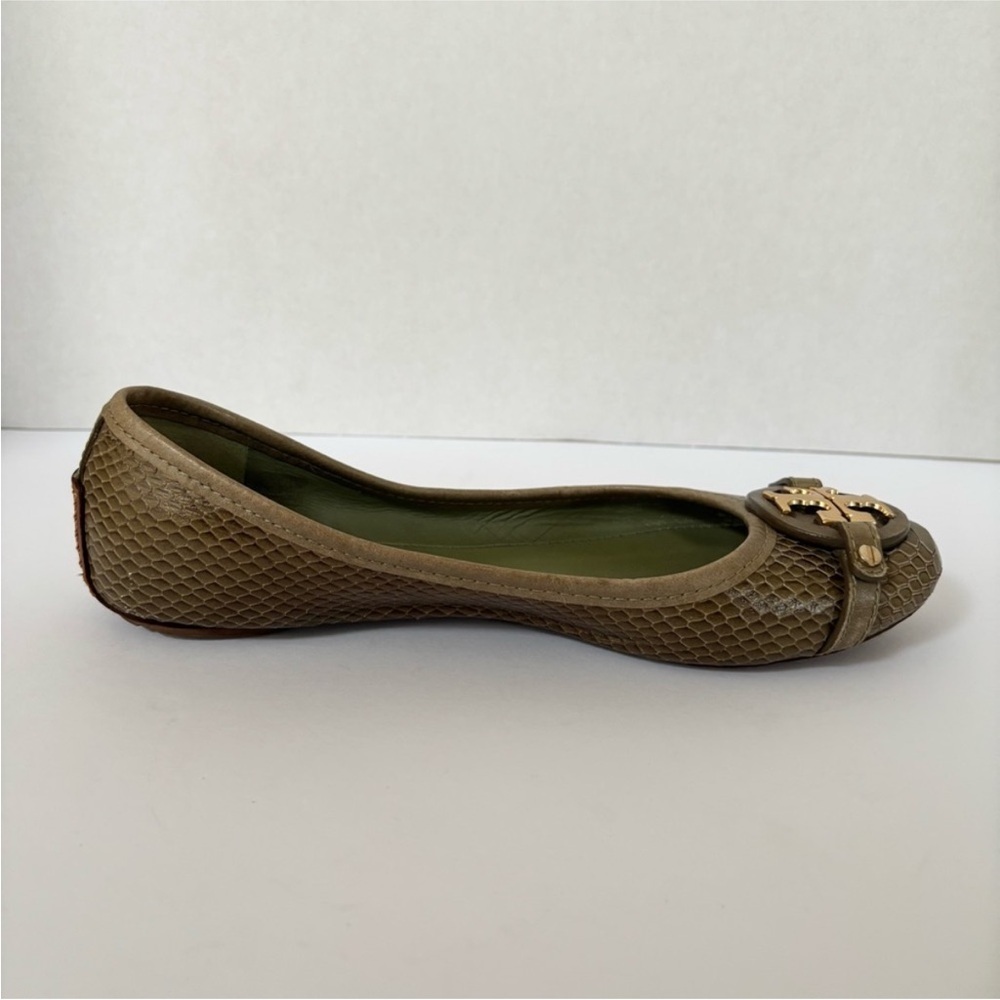 Tory Burch Aaden Ballet Flats Moonlight Jade Snake Print Gold Logo Green Size 8